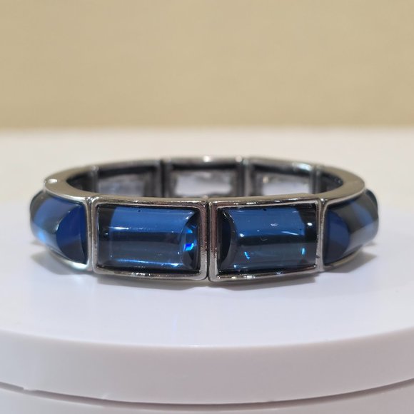 Navy Blue Dome Stones Charcoal Gray Link Stretch Modern Fashion Bracelet - Picture 9 of 12